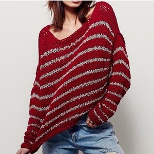 Free People Size XS Tan Red Crochet Knitted Over and Easy Cropped Sweater Top